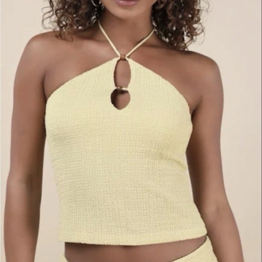 Lulu’s Fania Lime And Textured Knit Beaded Boho Crop Halter Top XL Summer Beach